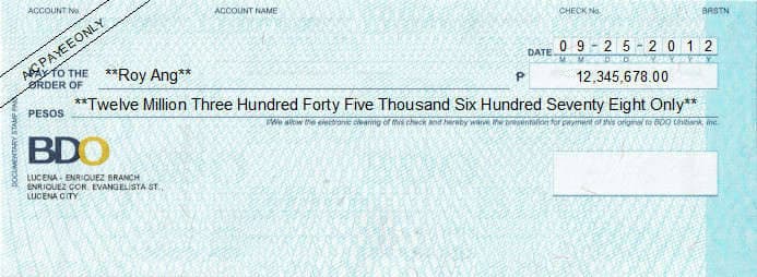 BDO Unibank cheque sample